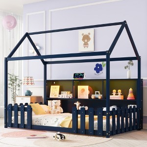CAVINAS Twin Size Childlike House Bed Frame with Storage Bookshelf & LED Light,Modern Floor Bed for Kids Room,Bedroom,Playroom - 1 of 4
