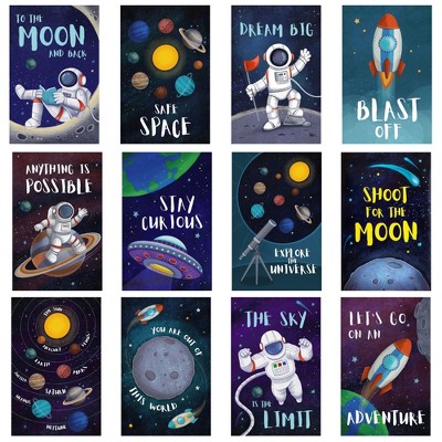 Bright Creations 12 Pack Outer Space Wall Posters with Inspirational Quotes for Classroom Decor and Kids Room Decorations, 11 x 17 in