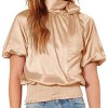 Slickblue Women's Satin Smocked Waist Blouse, Puff Elbow Sleeves, Mock Neck Bow, Turquoise/Taupe, Size S-L - 3 of 4