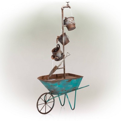 Rustic Wheelbarrow & Watering Can Multi Tier Metal Fountain - Alpine Corporation