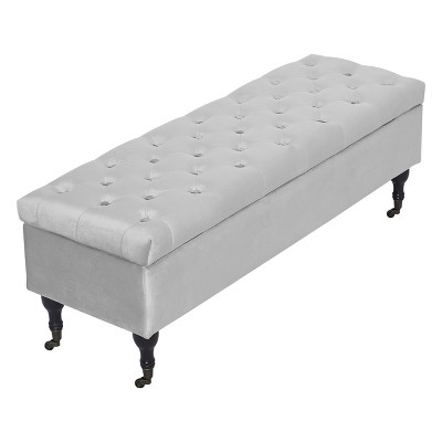 Pearl Gray Velvet Tufted Storage Bench with Wheels