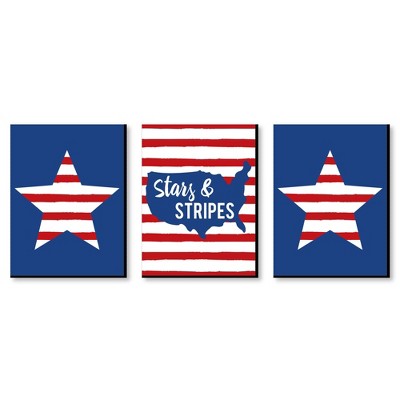 Big Dot of Happiness Stars & Stripes - Patriotic Wall Art and American Flag Room Decor - 7.5 x 10 inches - Set of 3 Prints