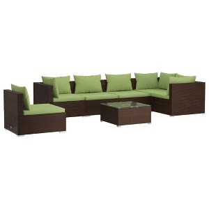 vidaXL Patio Lounge Set - 7 Piece Poly Rattan Outdoor Furniture Set with Cushions, Brown with Green Cushions, Includes Sofas and Coffee Table - 1 of 4