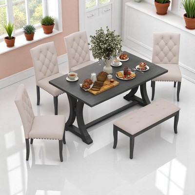 6-Piece Farmhouse Dining Table Set with Rectangular Trestle Table, 4 Upholstered Chairs & Bench, Rustic Modern Design for Dining Room or Kitchen