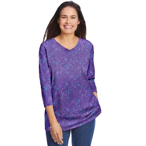Woman Within Perfect Printed Three-Quarter Sleeve V-Neck Tee - 1 of 4