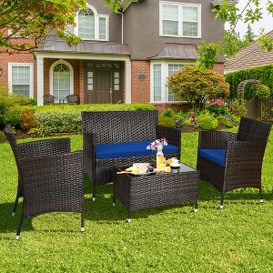 Costway 4PCS Rattan Patio Furniture Set Cushioned Sofa Chair Coffee Table - 1 of 4