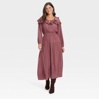 Image of Women's Long Sleeve Ruffle Maxi A-Line Dress - Universal Thread™ Dark Mauve M