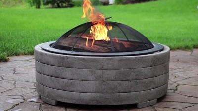 Large Round Gray Faux Stone Wood-Burning Fire Pit with Handles