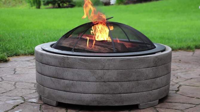 Sunnydaze Outdoor Large Round Faux Stone Fire Pit with Handles, Log Poker, and Spark Screen - 35" - Gray, 2 of 9, play video