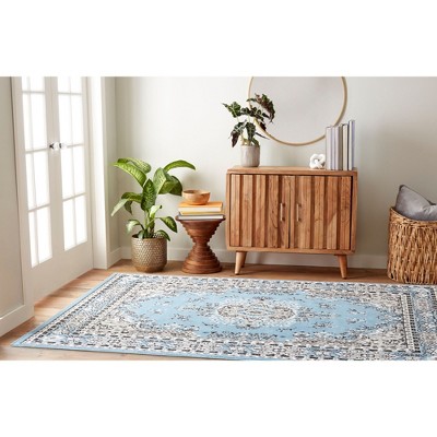 Blue and Grey Synthetic Traditional Medallion Area Rug