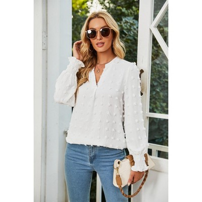 Women Casual Polka Dot Puff Smocked Long Sleeve Shirt Summer Fall V Neck  Top