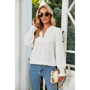 Women Casual Polka Dot Puff Smocked Long Sleeve Shirt Summer Fall V Neck  Top - 1 of 4
