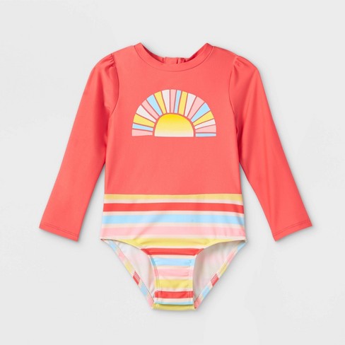 Toddler Girls Rainbow Print Long Sleeve One Piece Rash Guard Cat Jack Coral Orange Target