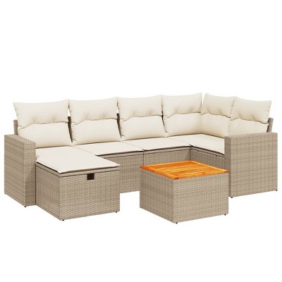 vidaXL Patio Sofa Set with Cushions Outdoor Furniture 7 Piece Poly Rattan - Beige and Cream Without Storage