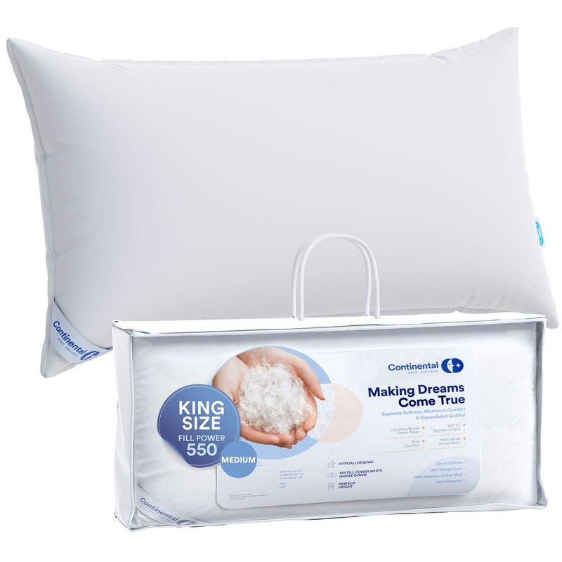 Continental Bedding - 550 Fill Power Medium Goose Down Pillow - Pack of 1, 1 of 4
