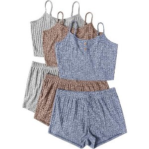 Ekouaer 3 Sets for Women Ribbed Pajamas Crop Cami Top and Shorts Pjs Casual Sleeveless Button Lounge Set Sleepwear - 1 of 4