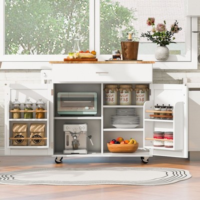Rolling Kitchen Island with Rubber Wood Top, Storage, Spacious Drawer with Divider & Internal Rack, Adjustable Shelf Tower Rack