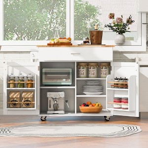 Rolling Kitchen Island with Rubber Wood Top, Storage, Spacious Drawer with Divider & Internal Rack, Adjustable Shelf Tower Rack - 1 of 4