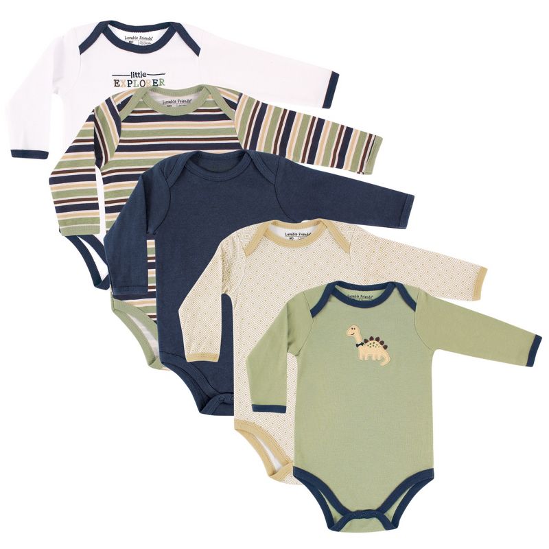 Luvable Friends Baby Boy Cotton Long-Sleeve Bodysuits 5pk, Dinosaur, 1 of 3