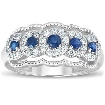 Pompeii3 1ct Blue Sapphire & Diamond Vintage Anniversary Ring 14K White Gold