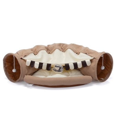Gulches Foldable Cat Tunnel Bed with Washable Design, Comes with Hanging Toys and Mat, Coffee Brown Color