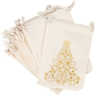 Party Favor Bags - 12-Pack Mini Canvas Christmas Gift Treats Pouches Party Supplies, Christmas Tree Gold Foil Glitter Design, 4x6"