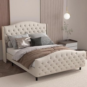 Velvet Upholstered Queen Bed Frame with Wingback Headboard & Footboard - Soft Platform Bed, Wood Slat Support, No Box Spring Needed - 1 of 4