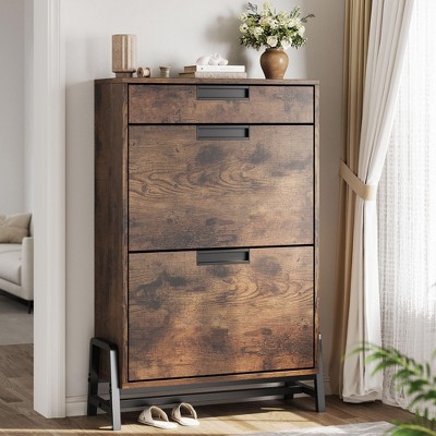 37.7" Shoe Storage Cabinet, Freestanding Hidden Narrow Shoe Rack Cabinet with Drawer and 2 Flip Drawers, for Entryway, Foyer, Hallway, Living Room