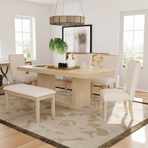 6 Piece Extendable Dining Table Set Dining Set with Removable Leaf, 4 Upholstered Dining Chairs and Bench, Natural+Beige-ModernLuxe - 1 of 4