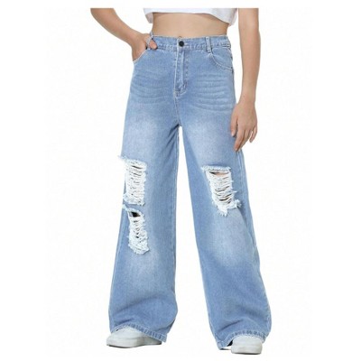 Mocamel Girls High Waist Ripped Wide Pant Leg Jeans Teenagers Loose Casual