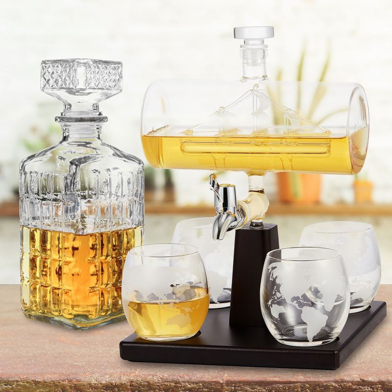 Berkware Whiskey Decanter Set with Interior Hand-Crafted Ship-in-a-Bottle Design - 34oz with 4 10oz Globe Glasses, 2 of 8