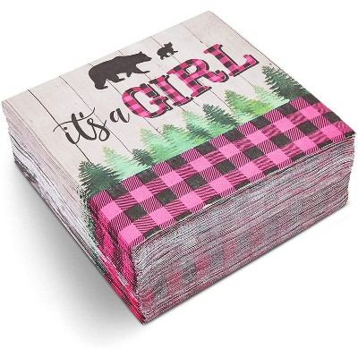 Sparkle and Bash 100-Pack It's a Girl Party Napkins, Pink Buffalo Plaid Disposable Paper Baby Shower, Gender Reveal