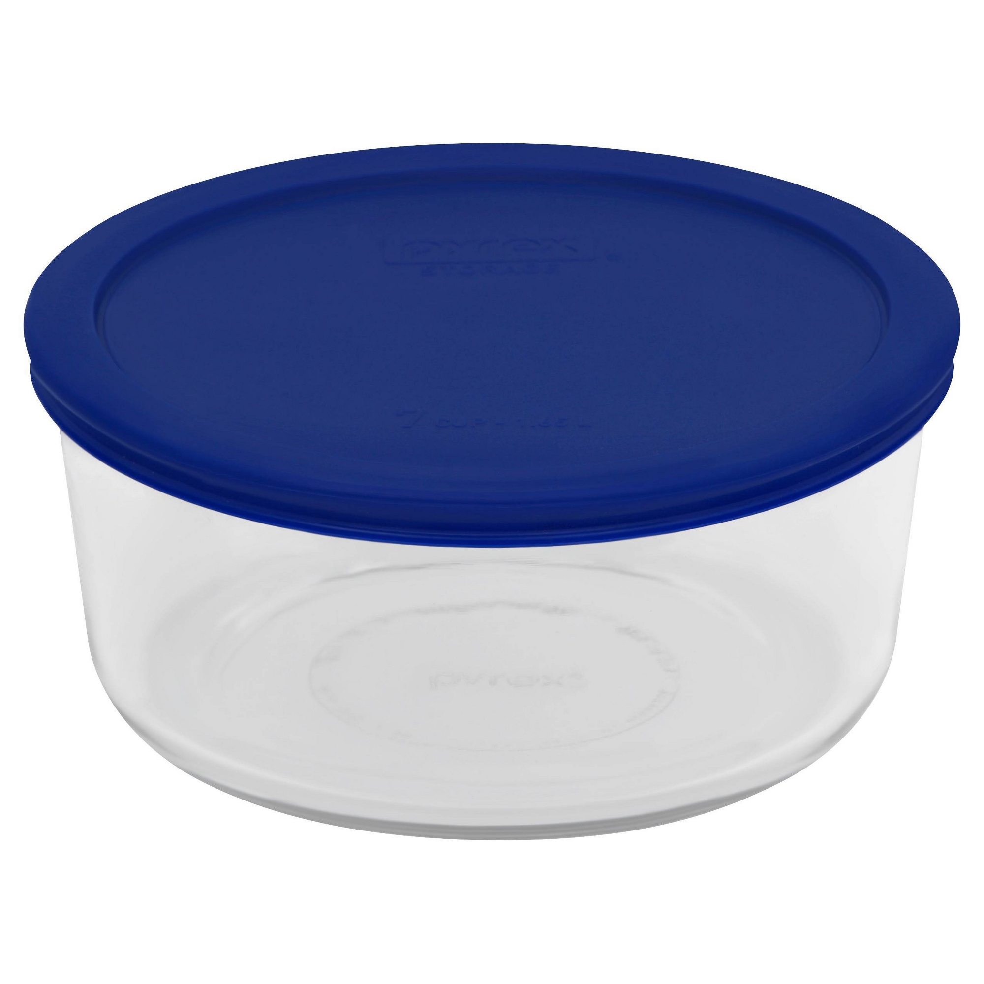 Pyrex 7 Cup Glass Round Storage Container Blue: Microwave, Oven, Dishwasher & Freezer Safe, Includes Lid