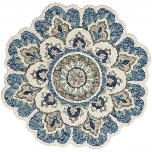 HomeRoots 6' Ivory Teal Blue and Green Wool Hand Tufted Round Rug - 1 of 4
