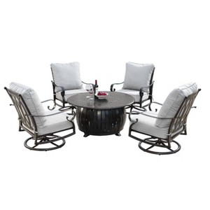 Oakland Living 5pc Set with 44" Outdoor Aluminum Round Fire Table & 4 Deep Seating Swivel Rocking Chairs & Wind Blocker Lid - 1 of 4