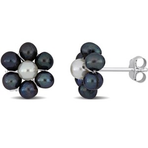 EVERLY JEWELRY | Sterling Silver 3 - 4 mm Black & White Flower Design Cultured Freshwater Stud Pearl Earrings - 1 of 4