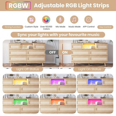 Natural Wood and Rattan Dresser with LED Light and Charging Station