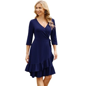 Coolmee Women V Neck Midi Dress Wrap 3/4 Long Sleeve Ruffle Hem Dress with Belt - 1 of 4