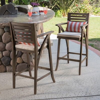 Gray Acacia Wood Barstools with Cream Cushions, Set of 2