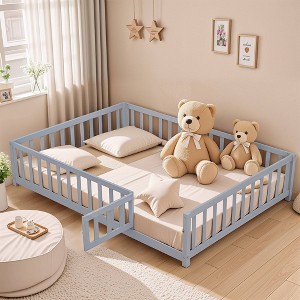 CAVINAS Full Size Wood Montessori Bed Frame,Modern Floor Bed Frame with Safety Guardrails and Door,Toddler Bed for Bedroom,Gray - 1 of 4