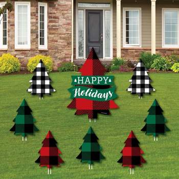 Big Dot of Happiness Holiday Plaid Trees - Yard Sign and Outdoor Lawn Decorations - Buffalo Plaid Christmas Party Yard Signs - Set of 8