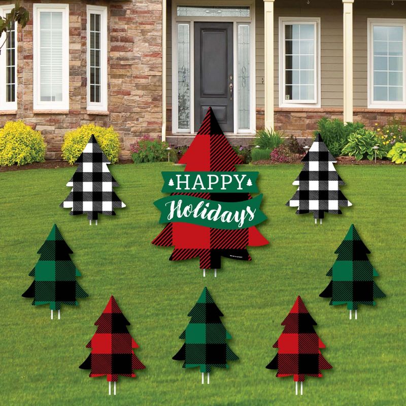 Big Dot of Happiness Holiday Plaid Trees - Yard Sign and Outdoor Lawn Decorations - Buffalo Plaid Christmas Party Yard Signs - Set of 8, 1 of 8