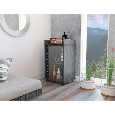 TUHOME Dukat Bar Storage Display Cabinet Cart with Wheels for Wine and Liquor with Glass Door, 2 Shelves, and 6 Cubbies, Smoky Oak