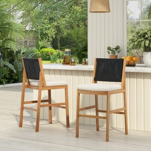 Scott Living Arly Green Outdoor Bar Stool Solid Acacia Wood and Woven Wicker, Set of 2 - 1 of 4