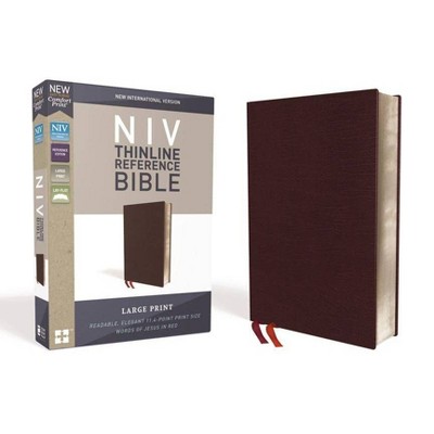 NIV, Thinline Reference Bible, Large Print, Bonded Leather, Burgundy, Red Letter Edition, Comfort Print - by  Zondervan (Leather Bound)