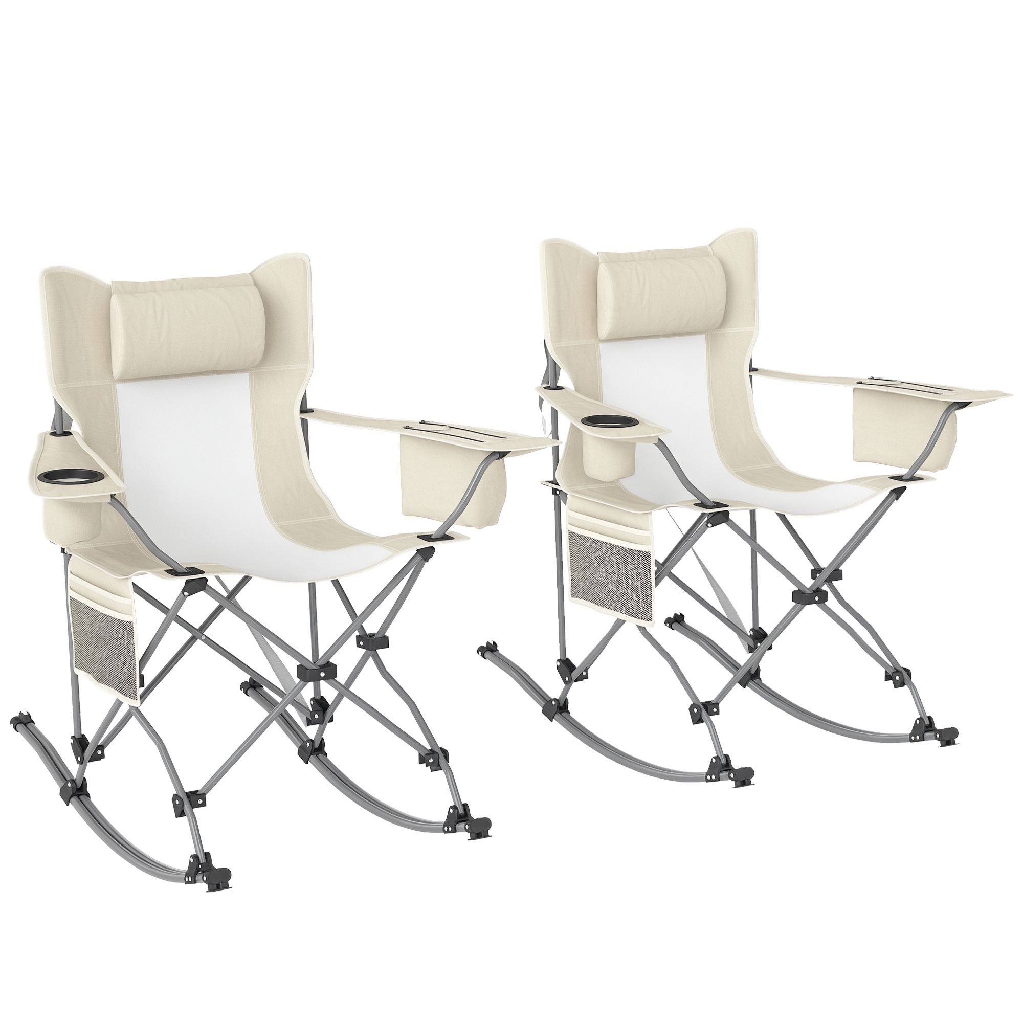 Outsunny Folding Camping Chairs, Portable Outdoor Rocking Chairs with Headrest, Cooler Bag, Cup Holder, Carry Bag, 2 Pack, Cream