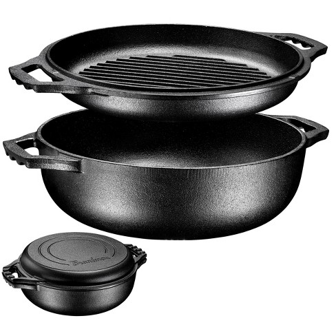 Bruntmor 2-in-1 Black Enamel Cast Iron Dutch Oven & Skillet Set, 7 Quart |  All-in-One Cookware for Induction, Electric, Gas, Stovetop & Oven