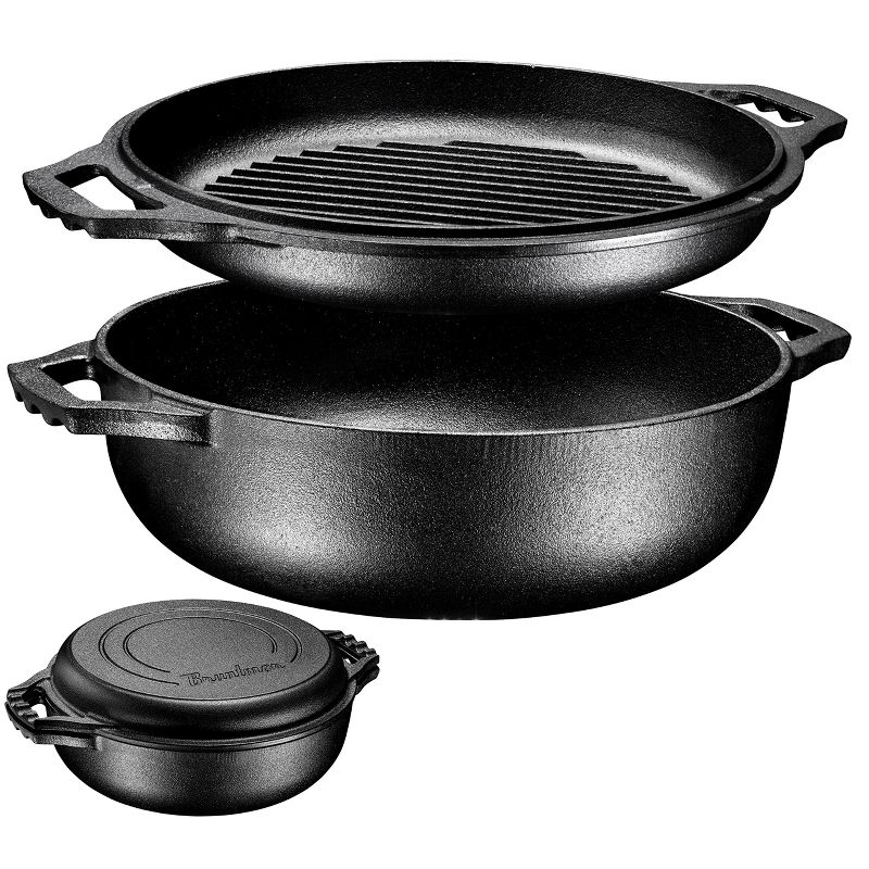 Bruntmor 2-in-1 Black Enameled Cast Iron Cocotte Double Braiser Pan with Grill Lid, 3.3 Quart, Cookware Set with Dual Handles,, 1 of 7