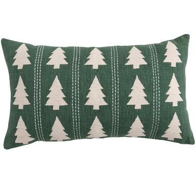 Storied Home Slub Lumbar Pillow with Tree Pattern, Embroidery and Stitching, Green and Natural