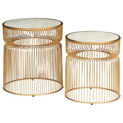 Transitional Gold & White Marble Round Side Table Set